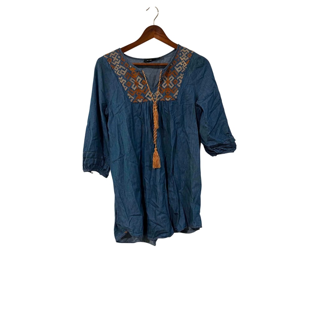 Blu Pepper Embroidered Tunic Women Med Blue Excellent Boho Tassel Chambray Top